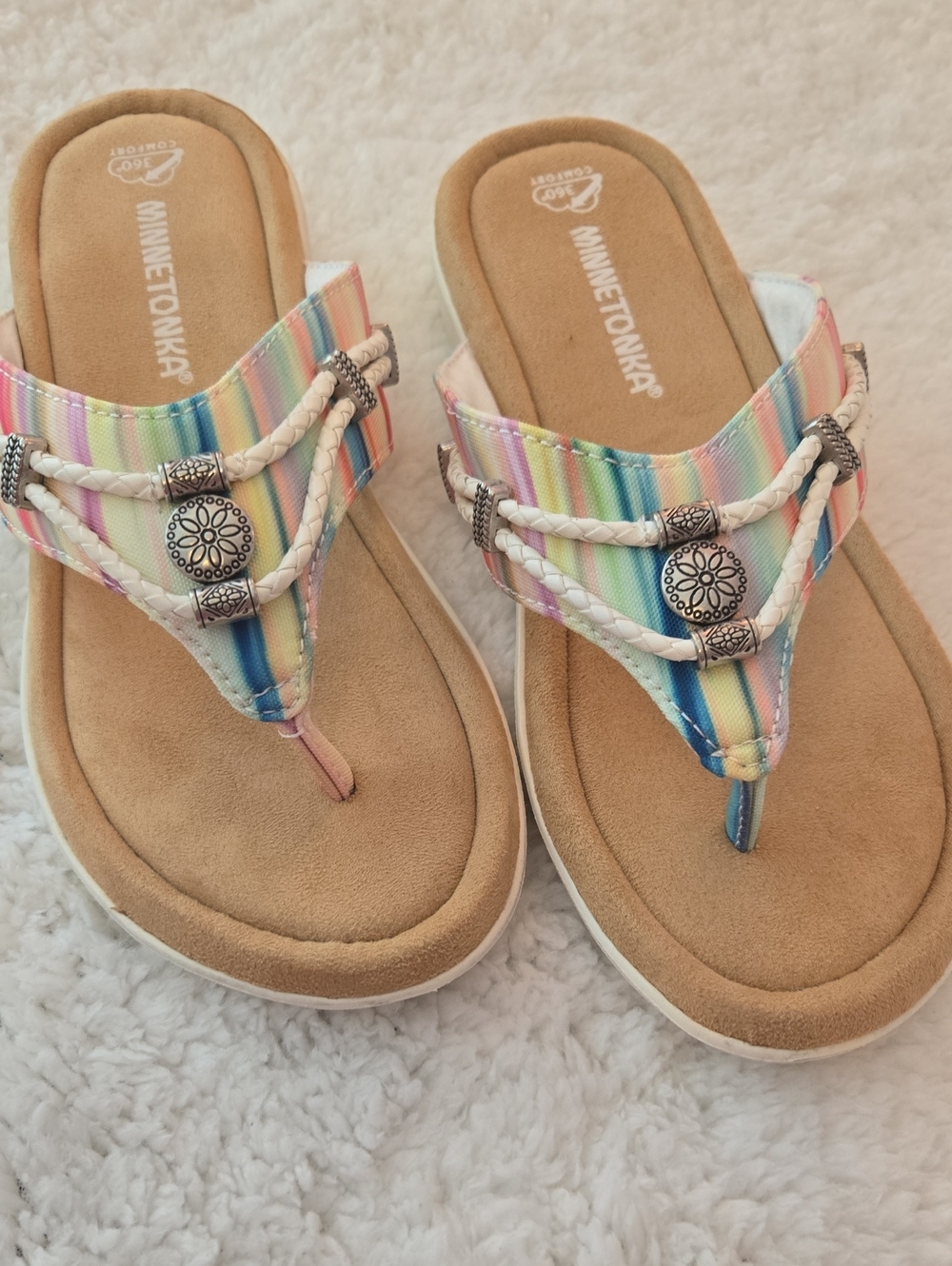 Minnetonka Multicolor Rainbow Stripe Braided Thong Sandals